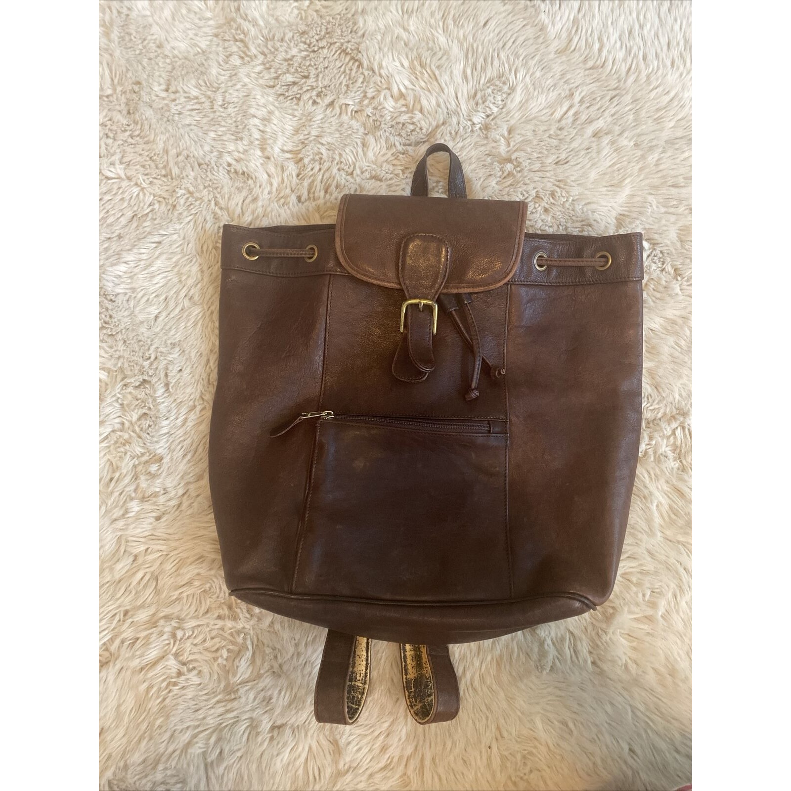 Boulder Ridge Leather Flap Backpack Brown Patina Brass Hardware